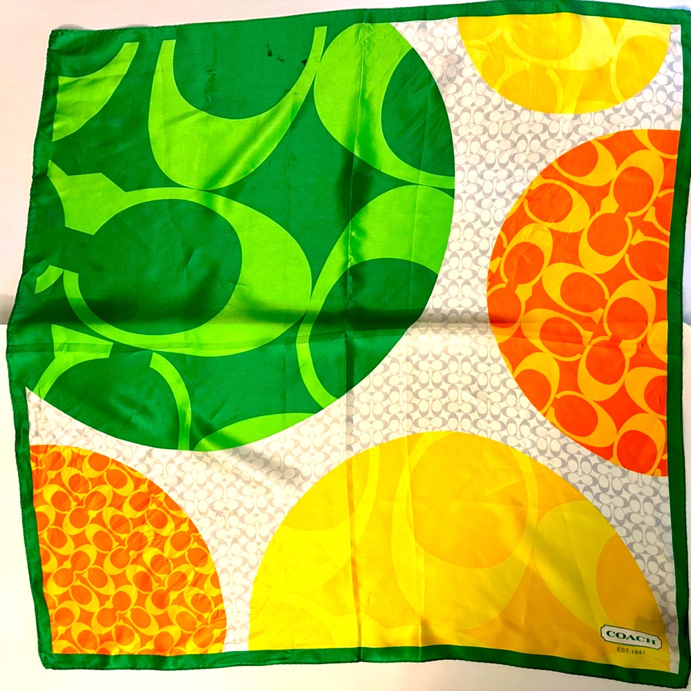 COACH 100% silk scarf green, yellow, orange  multicolor monogram pattern print